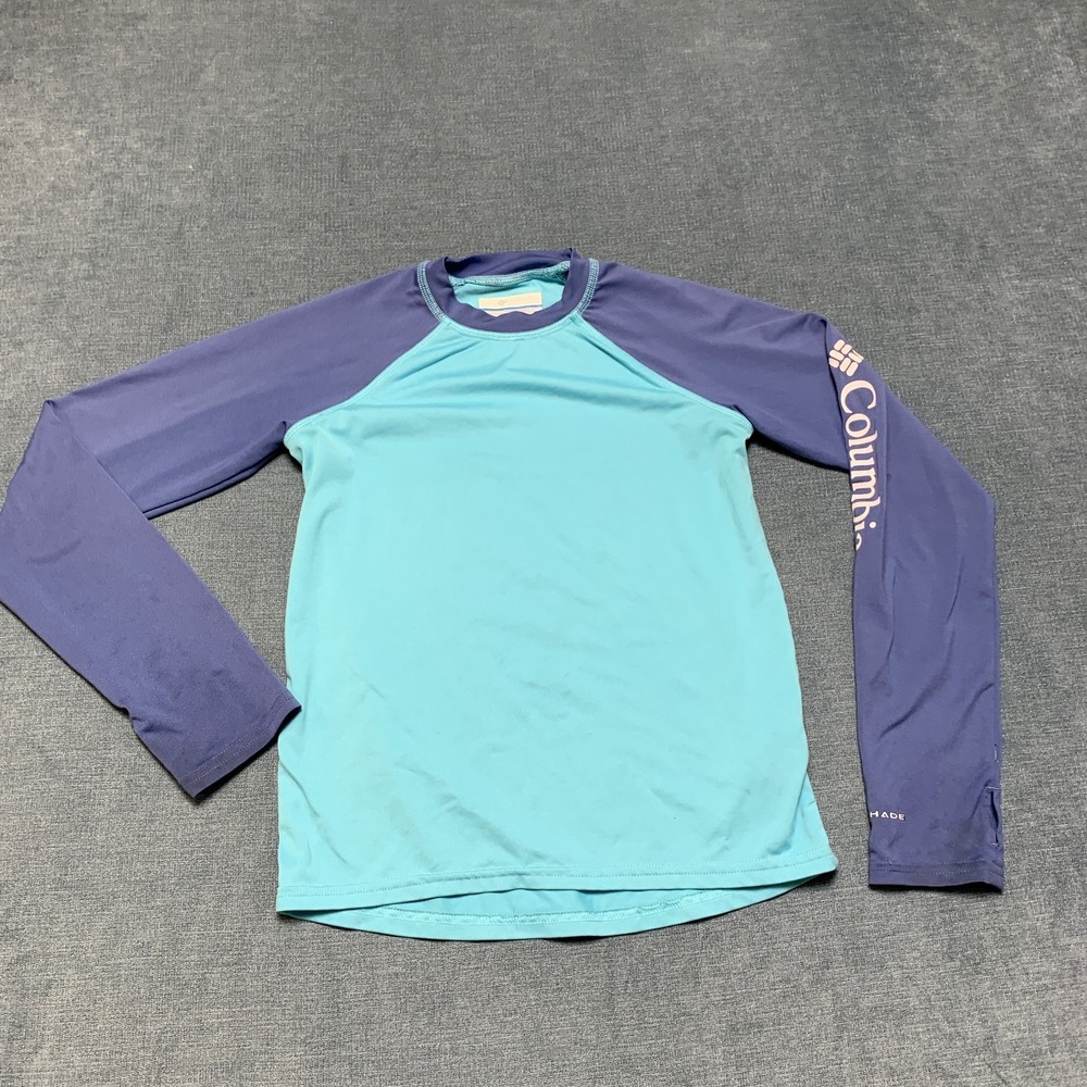 Columbia Sun Shirt Unisex Kids Small (8) Blue Purple Omni Shade Thumbhole Sleeve